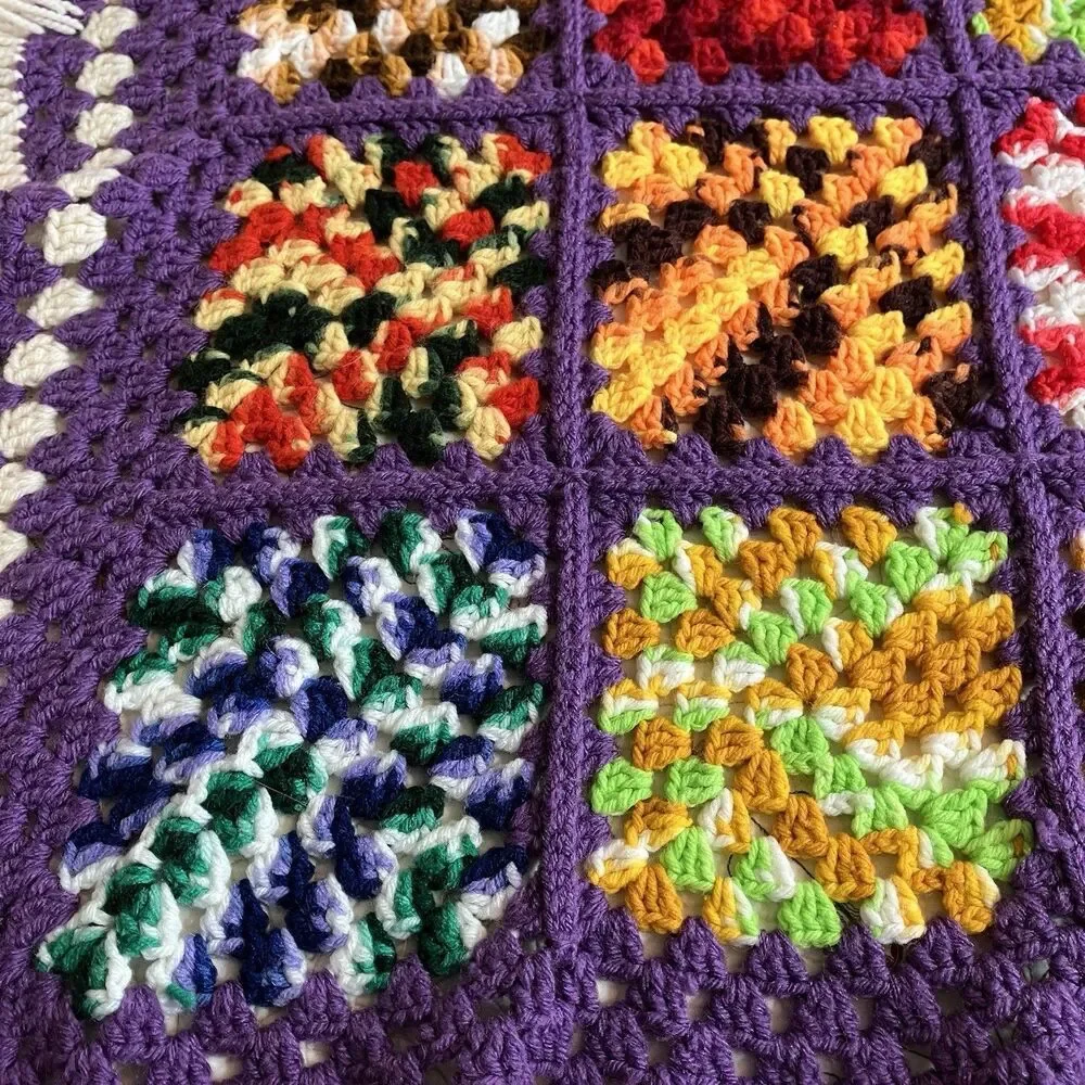 Vtg Granny Square Handmade Crochet Afghan Blanket Multicolor 51x60 Fringe